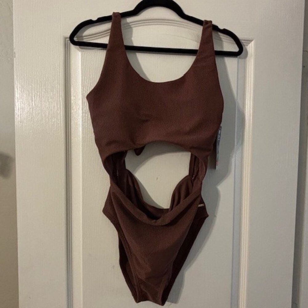 NWT Speedo Standard Swimsuit One Piece Keyhole Tie Back, Simple Brown SZ 10